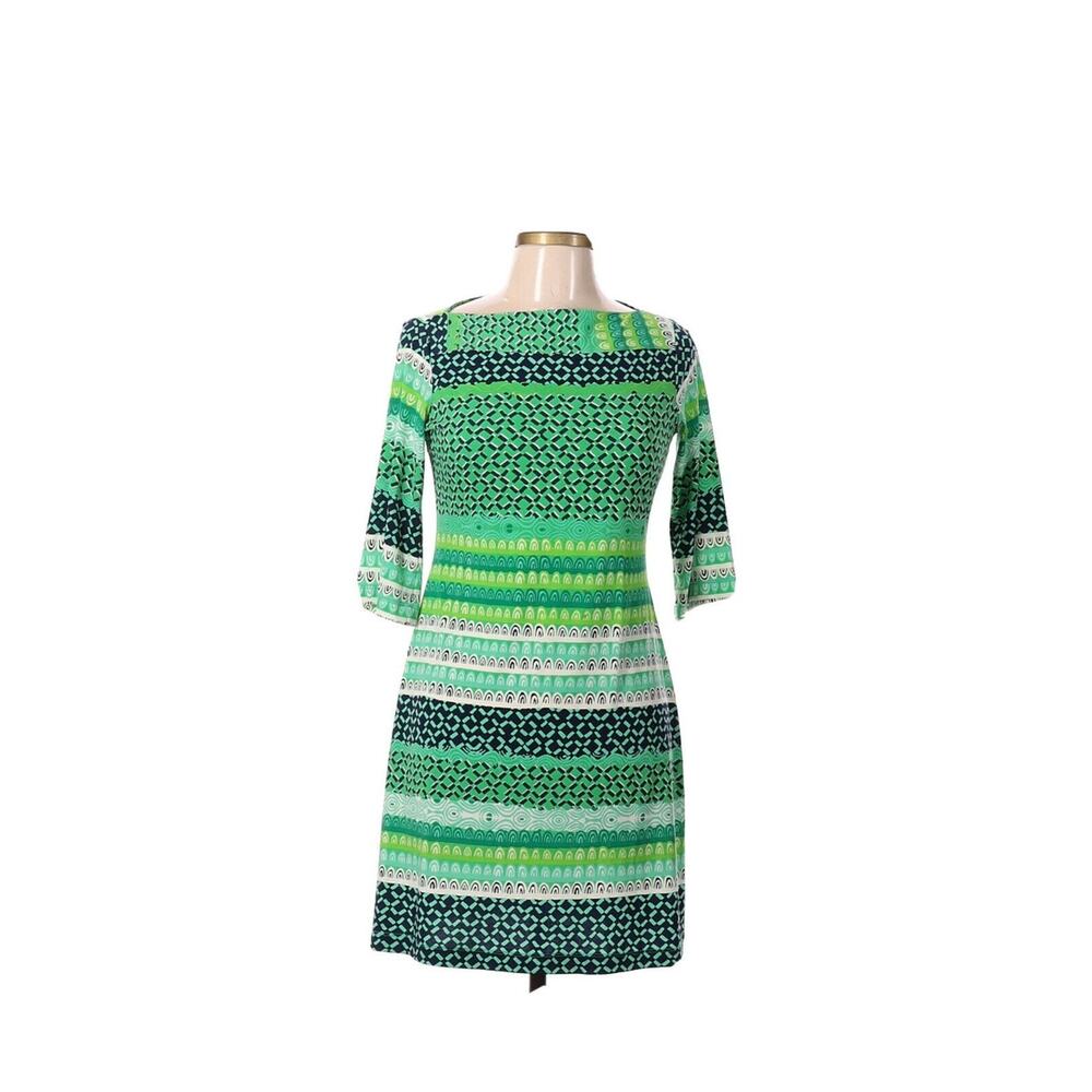 : Donna Morgan Green Printed Sheath Dress Wavy Stripe Geometric 3/4 Sleeve Sz 6